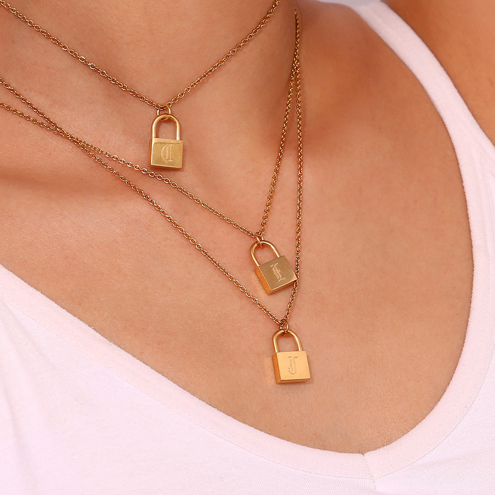 Wholesale hip-hop multi-layer stainless steel letter concentric lock necklace